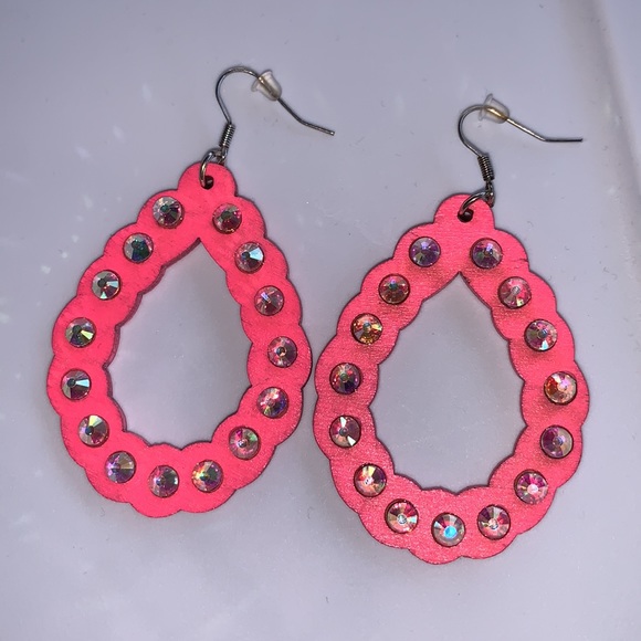 Hot Pink Wood Teardrop Earrings - Picture 3 of 7